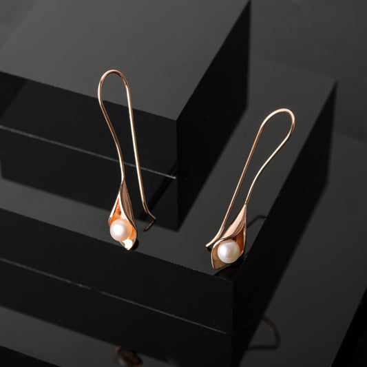 Gold Calla Lily Pearl Long Drop Earrings
