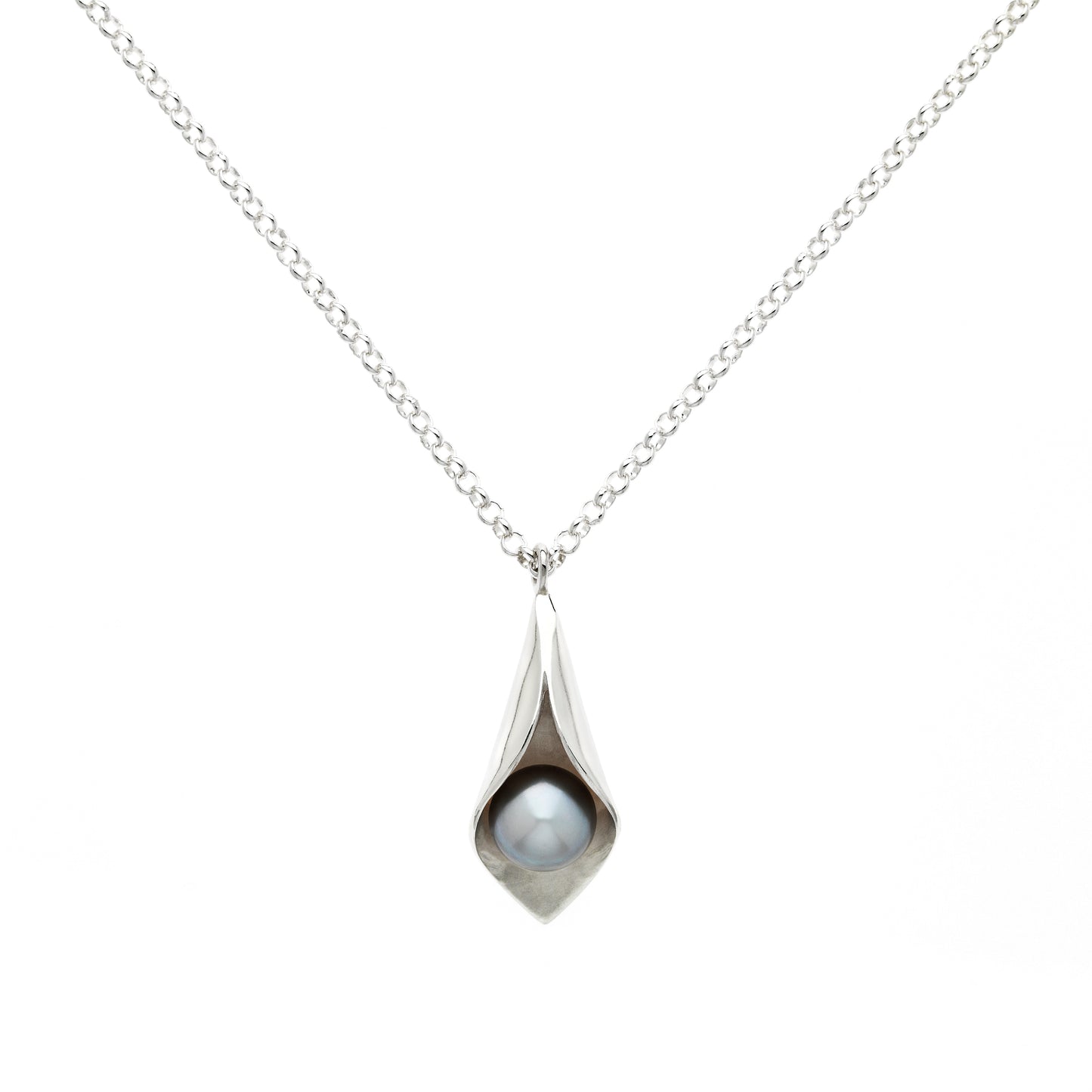 Bold Silver Calla Lily Pearl Pendant